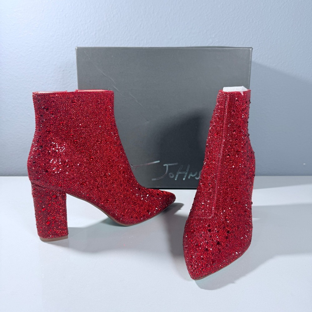Betsey Johnson SB-Cady Red Rhinestone Glass Stone Block Heel Ankle Boots 5.5M - Picture 4 of 12
